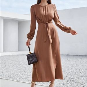 Puff Sleeve Wrap Hem Belted Dress